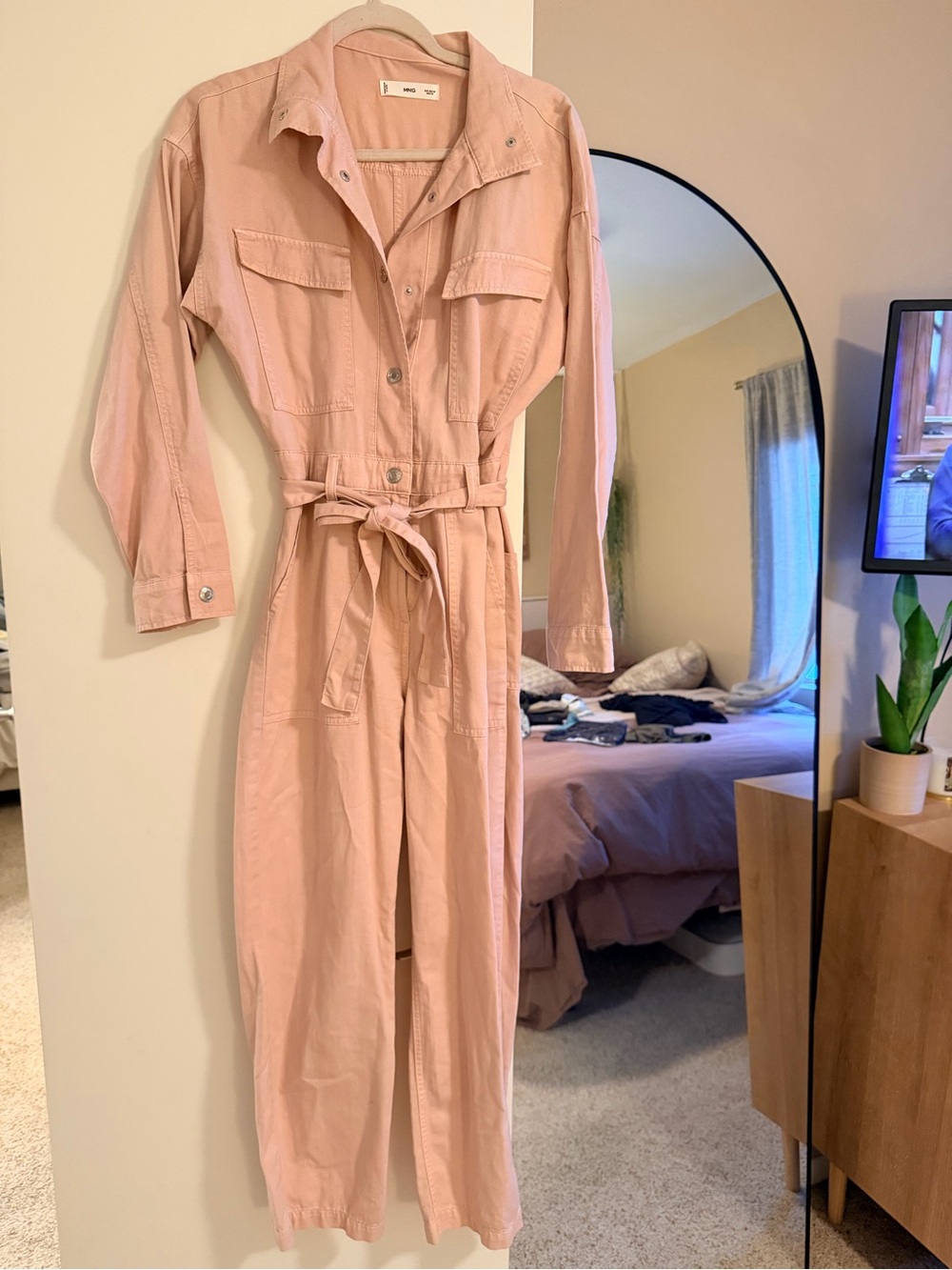 MANGO Utility Tie-Waist Jumpsuit - Dusty Pink